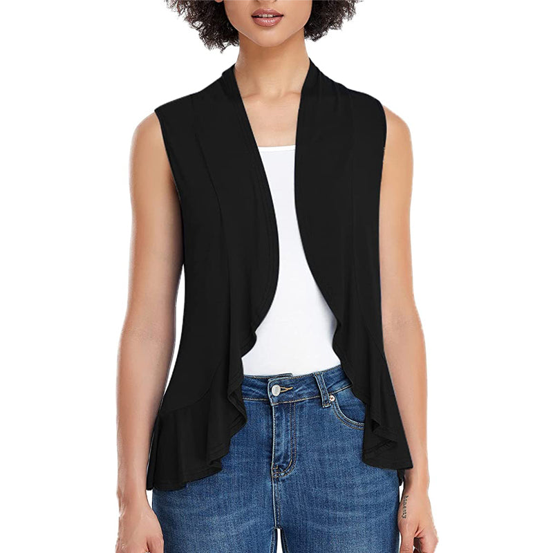 Xeoxarel Women's Sleeveless Cardigan Open Front Vest (Black)