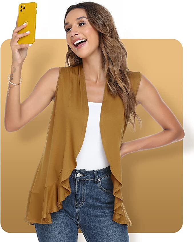 Xeoxarel Women's Sleeveless Cardigan Open Front Vest (S-3XL)-Camel fukezuan