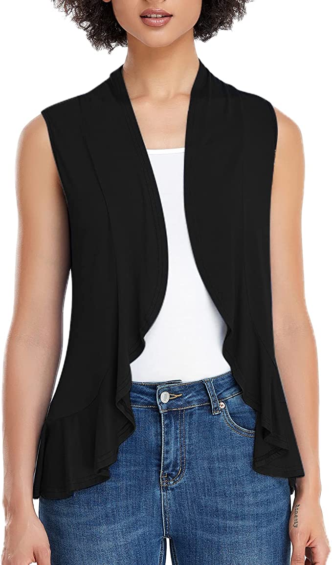 Xeoxarel Women's Sleeveless Cardigan Open Front Vest (S-3XL)-Black