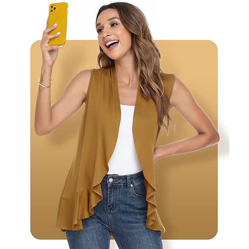 Xeoxarel Women's Sleeveless Cardigan Open Front Vest (Camel Brown)